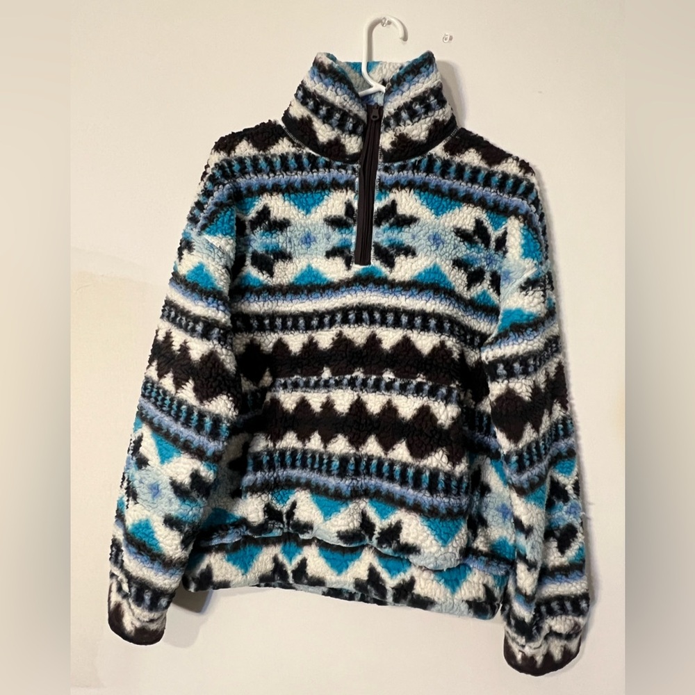 Aerie Blue Patterned Turtleneck Quarter Zip Sherpa